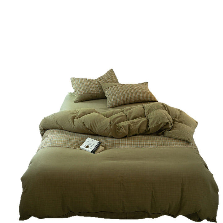 Washed Linen-Cotton Duvet Cover Set with Plaid Accent Pillow Shams