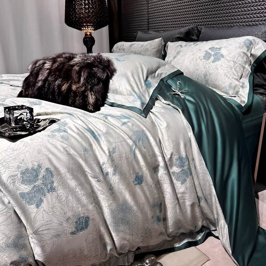 Reversible Jacquard Floral Satin-Back Duvet Cover & Pillowcase Set