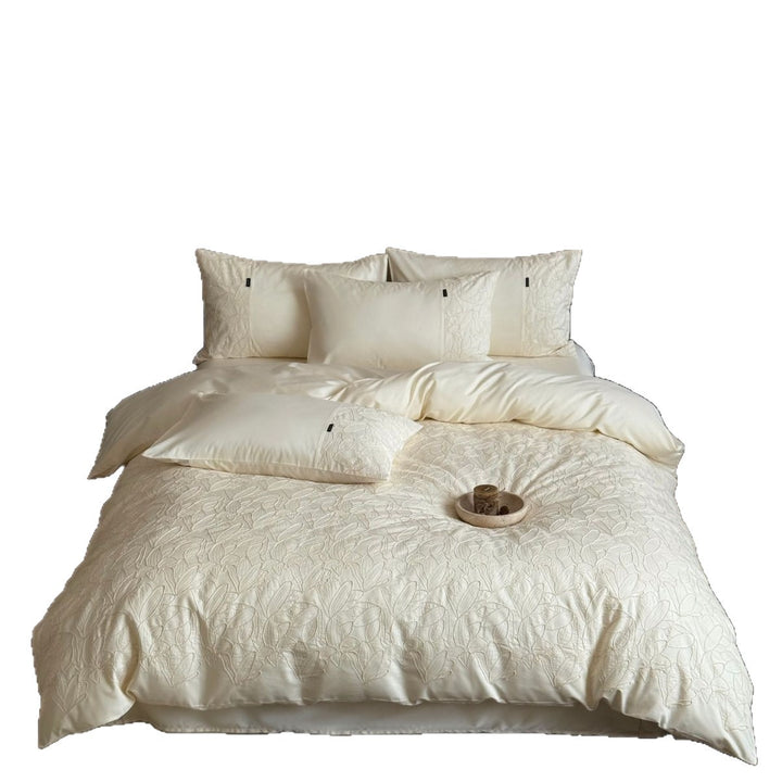 Luxurious cotton satin bedding set with embroidered leaf relief