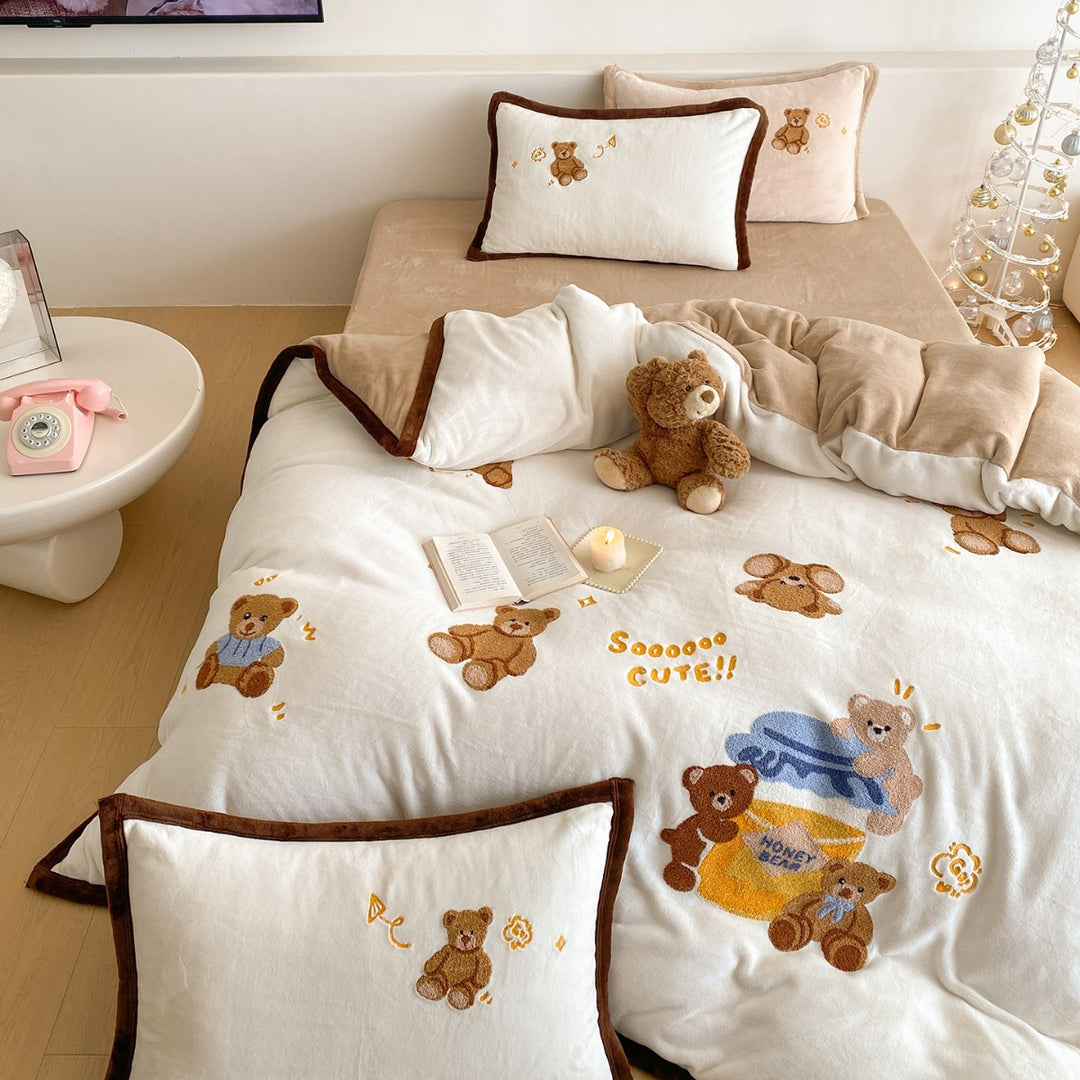 Plush Embroidered Appliqué Duvet Cover Set with Bow-Tie Shams