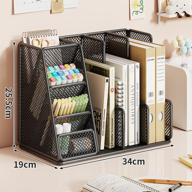 Mesh Desktop Organizer with Multi-Compartment Book Binder and Pen Rack