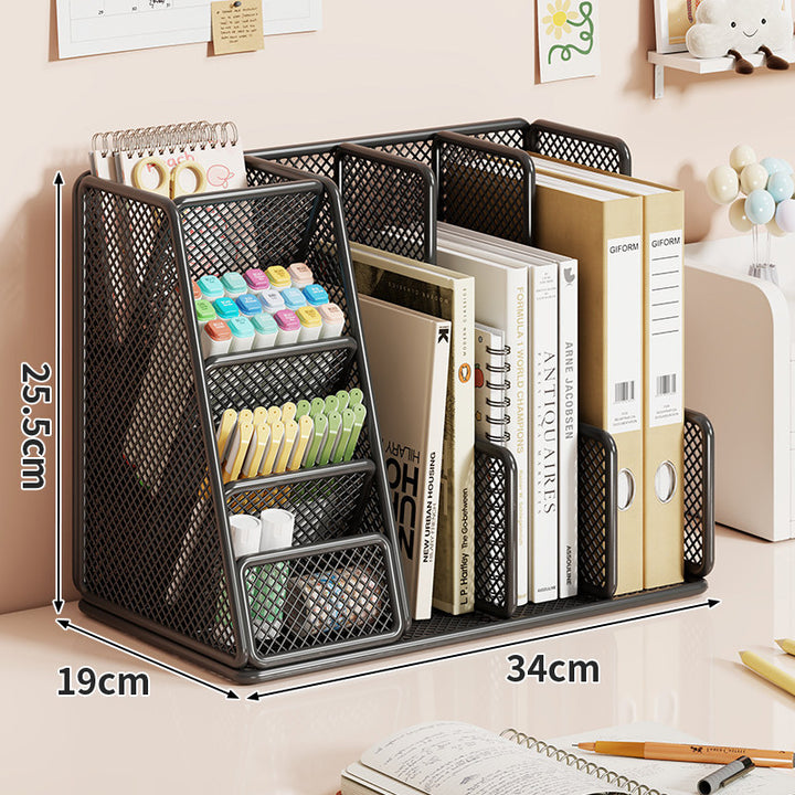 Mesh Desktop Organizer with Multi-Compartment Book Binder and Pen Rack