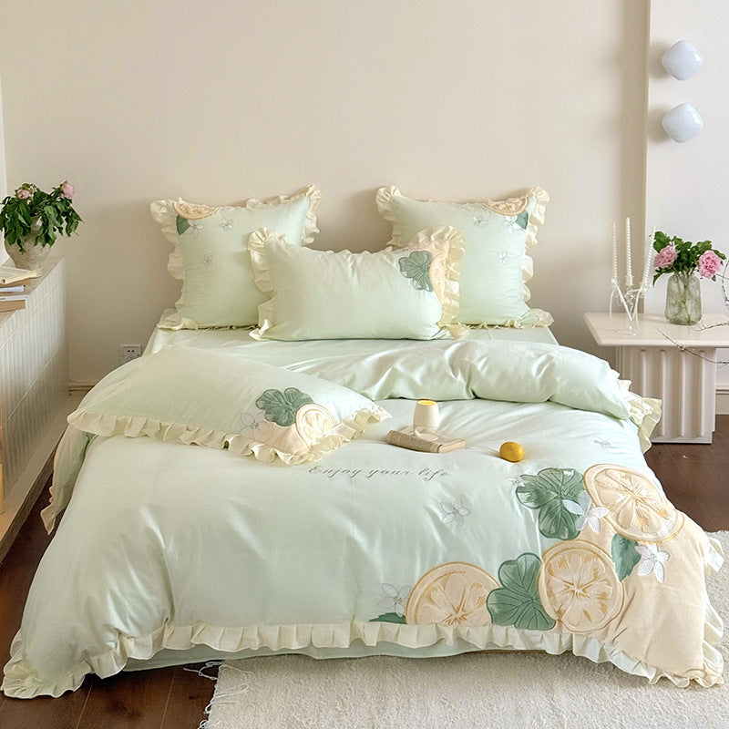 Ruffled Lemon Embroidered Duvet Cover Set with Decorative Shams