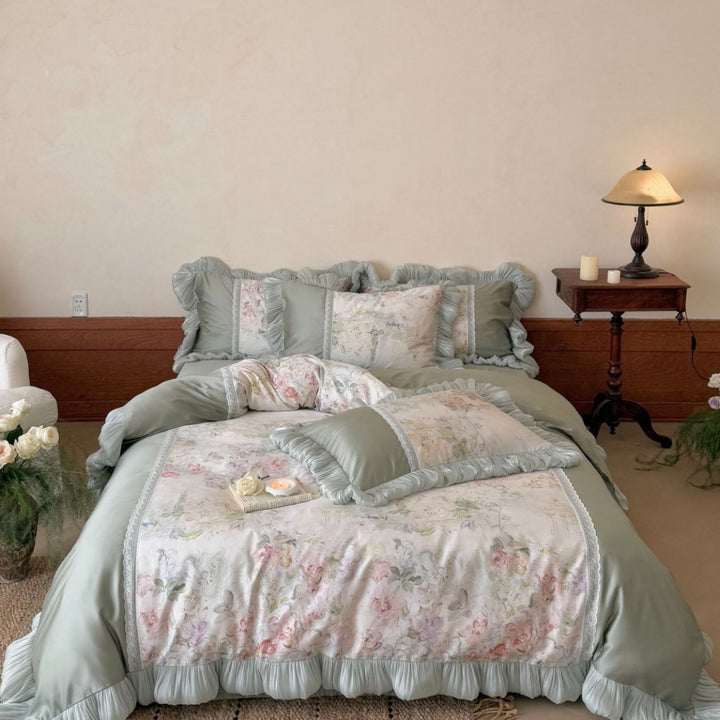 Bedding complete set with ruffle, lace applique, and floral watercolor print