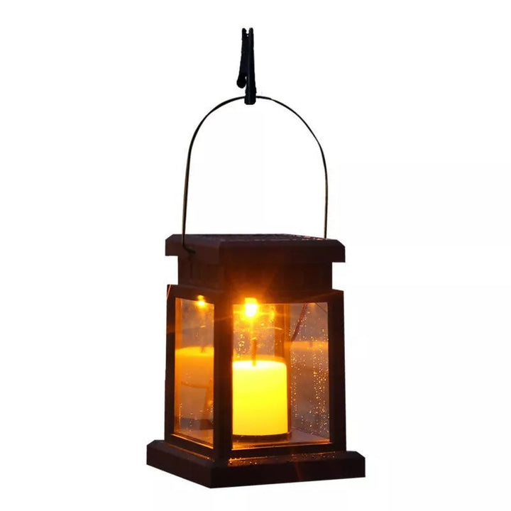 Rustic Hanging Solar Lantern With Flickering LED Candle And Waterproof Glass Panels Stornfield