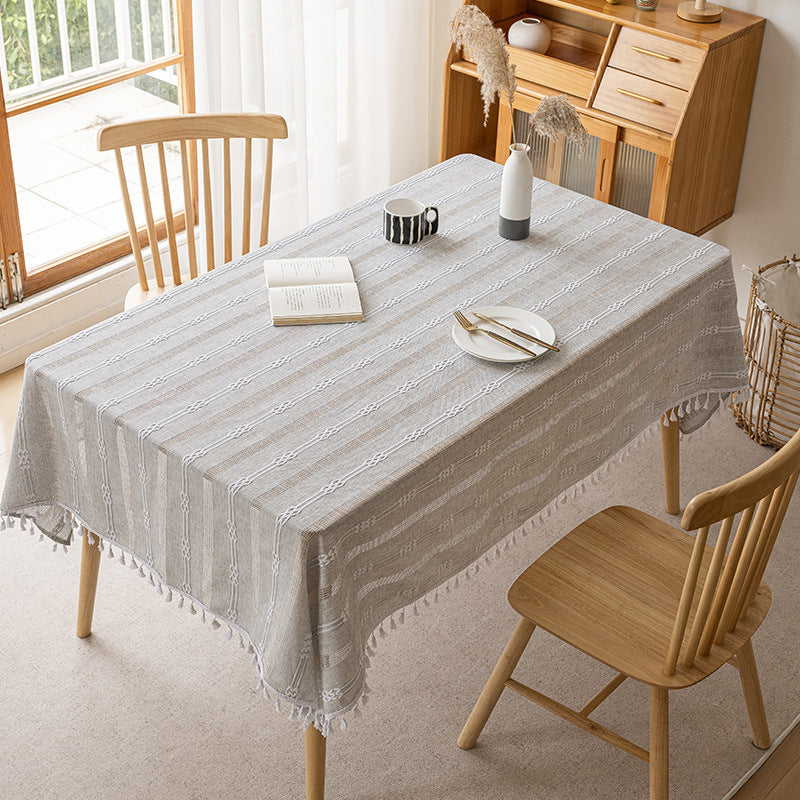 Rectangle Cotton-Linen Woven Fringe Tassel Tablecloth for Dining Table