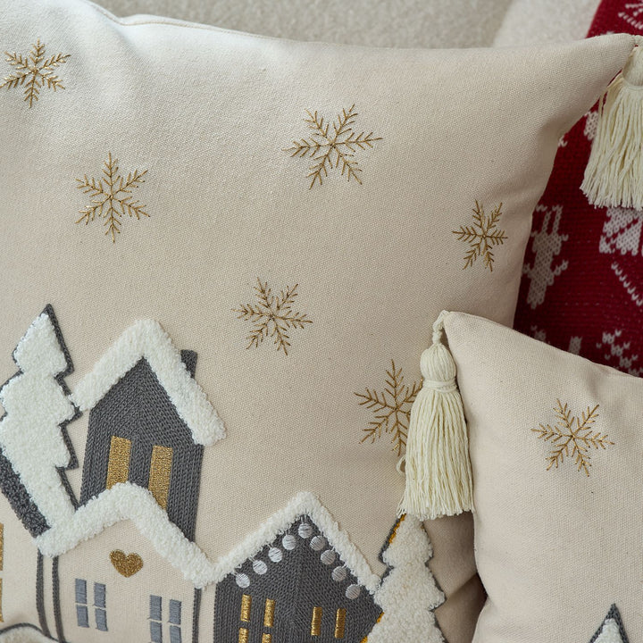 Festive Embroidered Snowy Village Tassel Throw Pillow Set