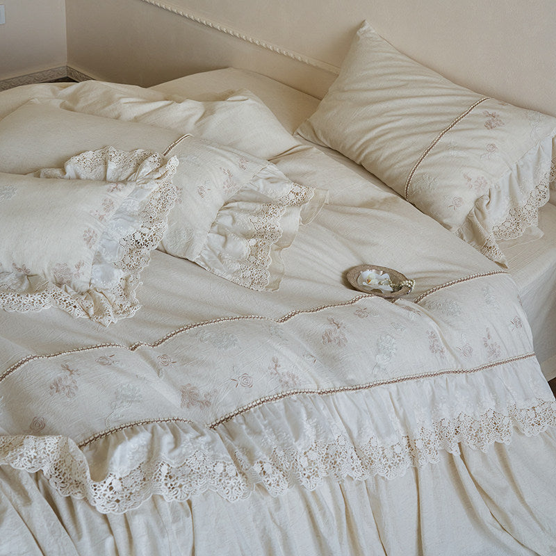 Embroidered Cotton-Linen Ruffled Duvet Cover Set with Lace-Trim and Deep-Fit Skirt