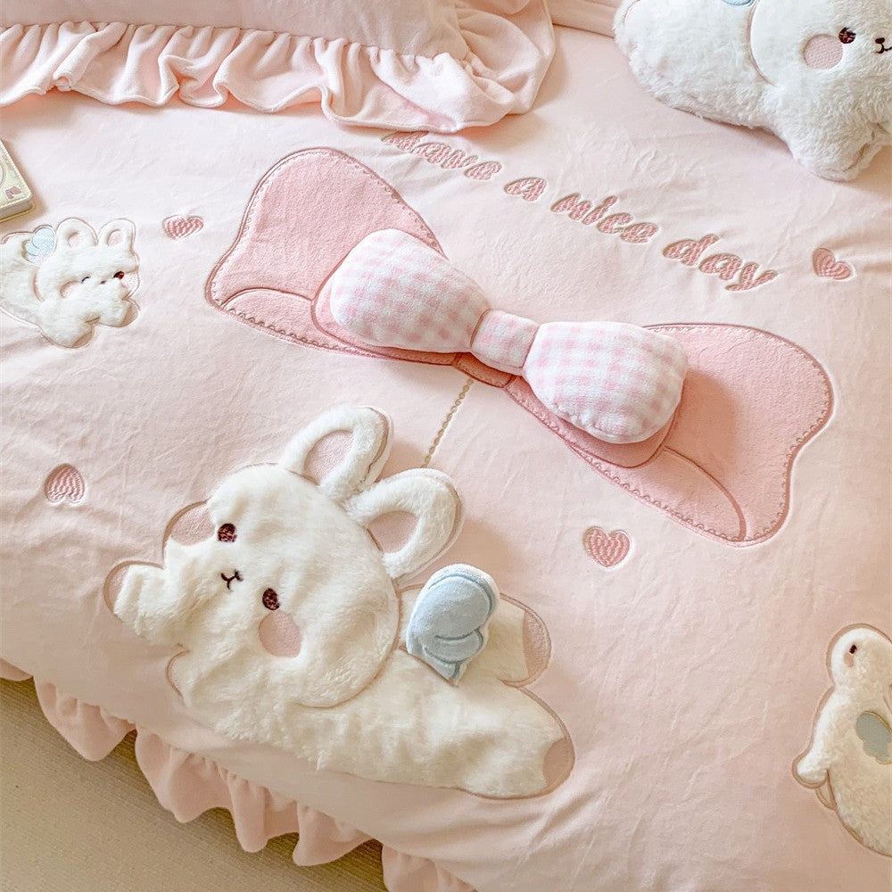 Ruffled Embroidered Bunny Appliqué Cotton Duvet Cover Set with Pillow Shams