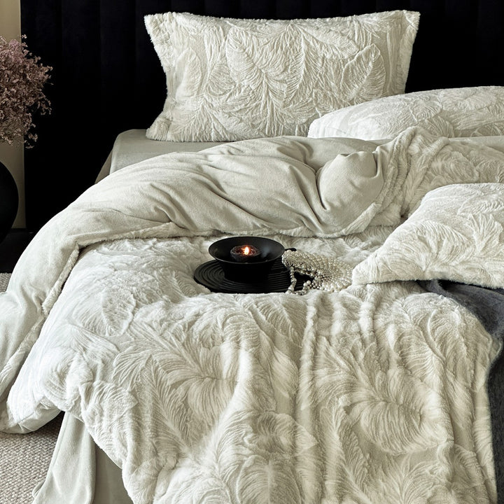 Plush Embossed Leaf-Relief Fleece Duvet Cover & Sham Set