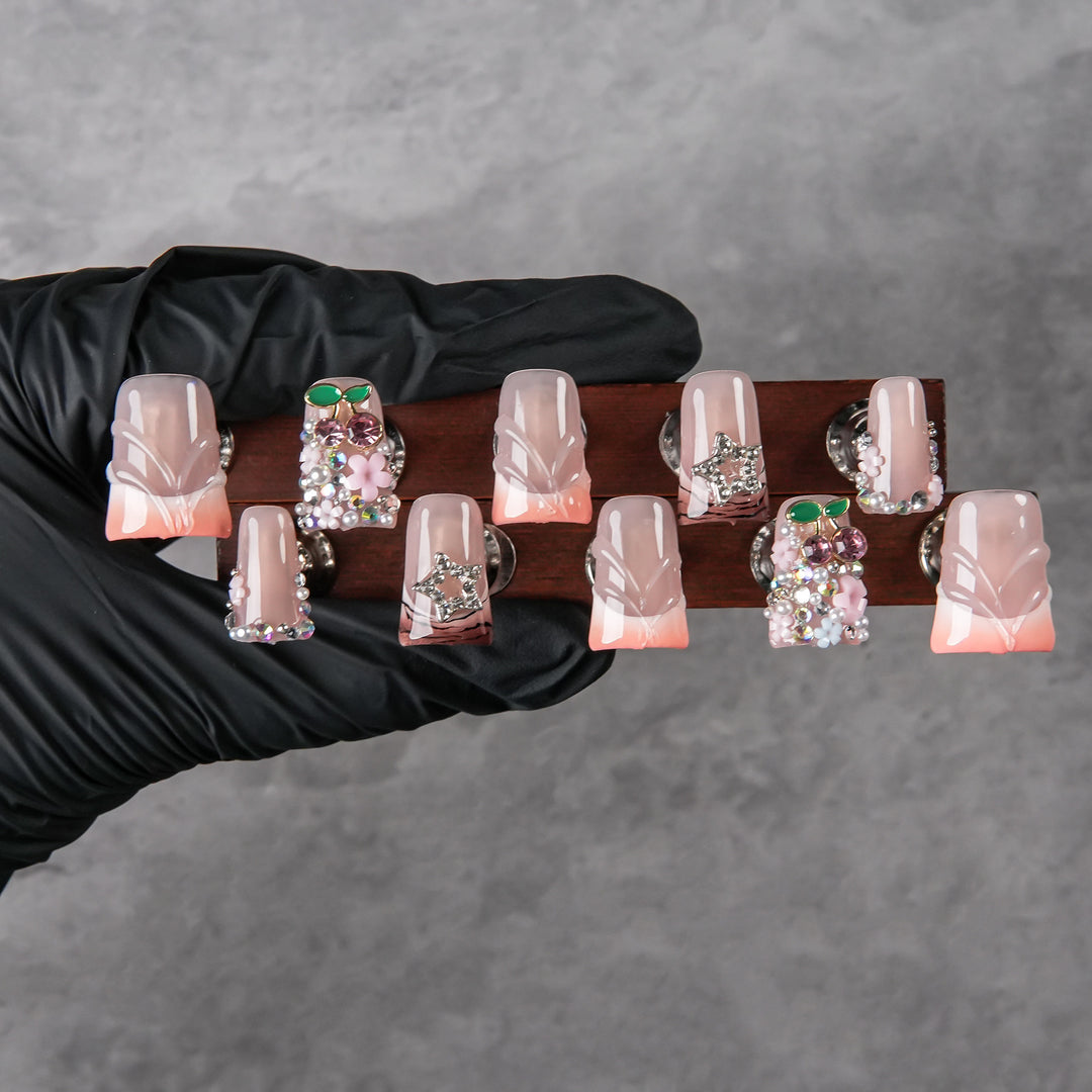 Decorative Press-On Nail Set with Gem Embellishments