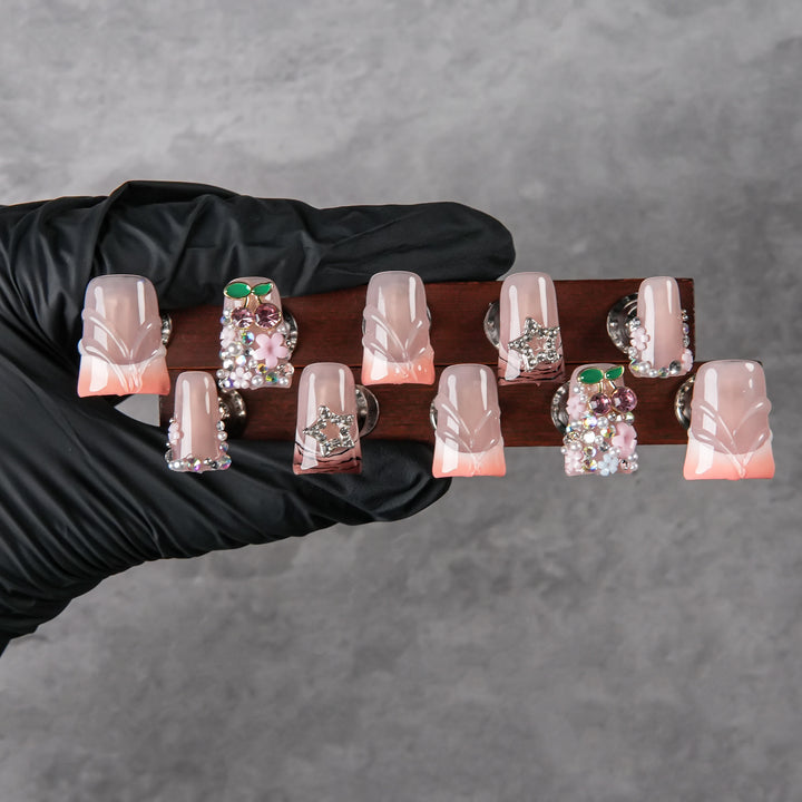 Decorative Press-On Nail Set with Gem Embellishments