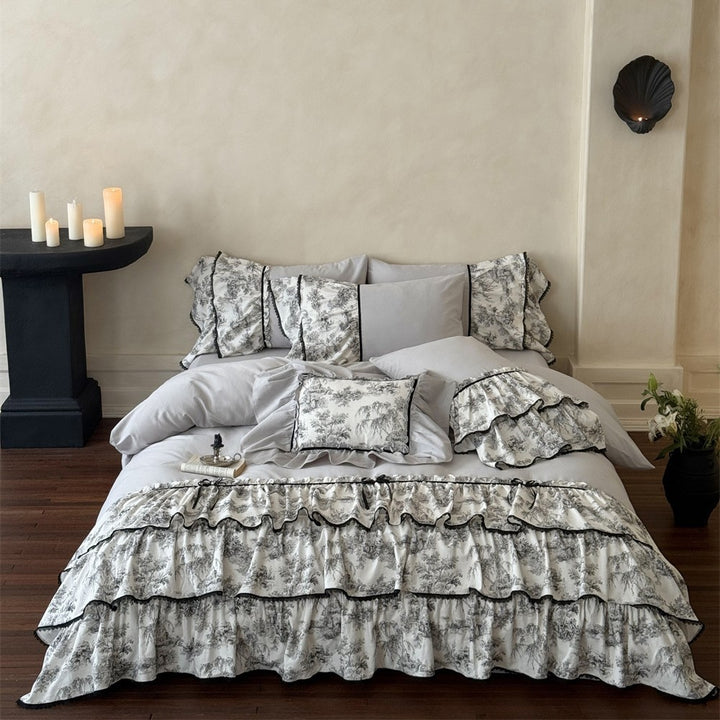 Romantic Ruffled Bedding Set with Vintage Toile Motif, Ruffles and Bedskirt