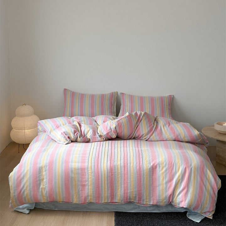 Pastel Striped Washed Cotton-Linen Duvet Cover Set with Matching Pillow Shams