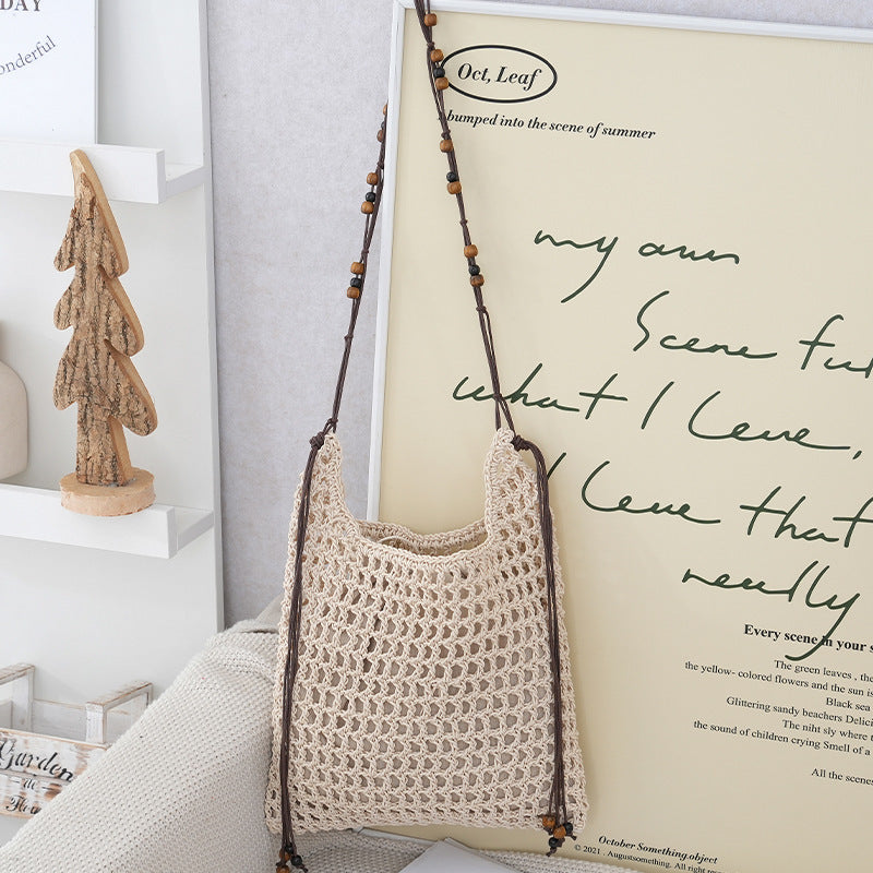 Handmade net tote bag with wooden accents Stornfield