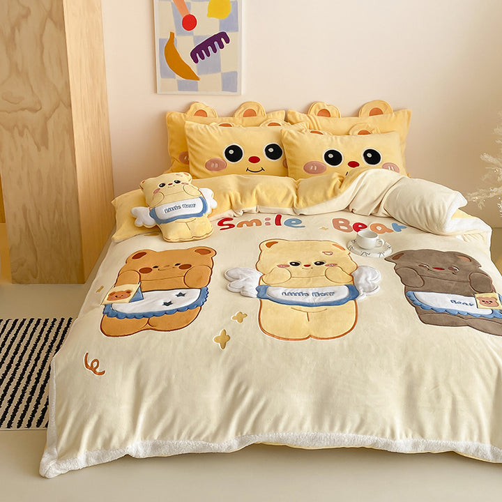 Cozy bedding set with embroidered cartoon cats and plush appliqués
