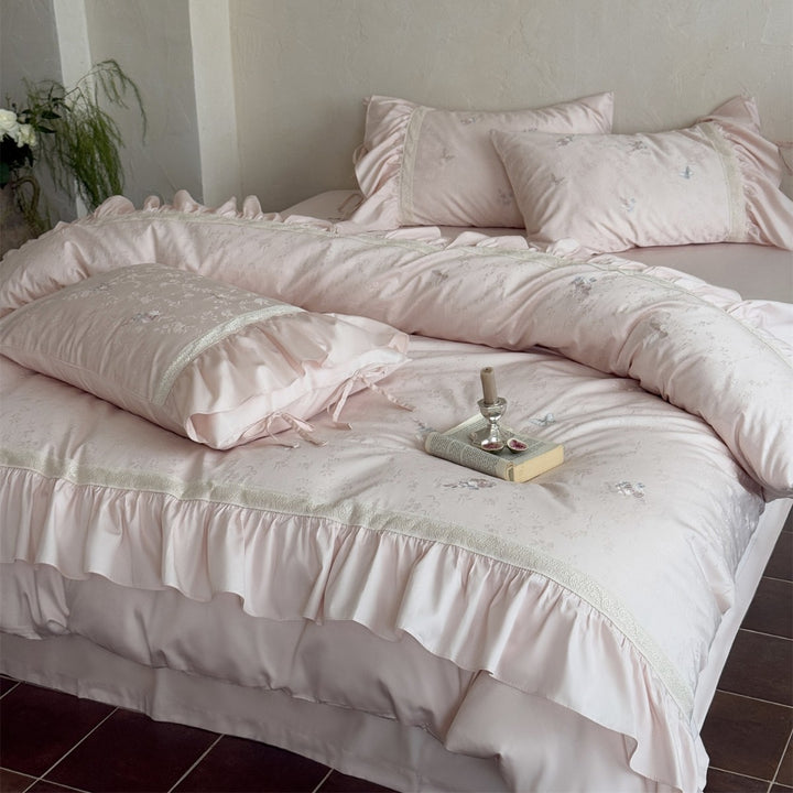 Ruffled Skirted Floral Jacquard Duvet Cover Set with Lace-Trim Tie Shams