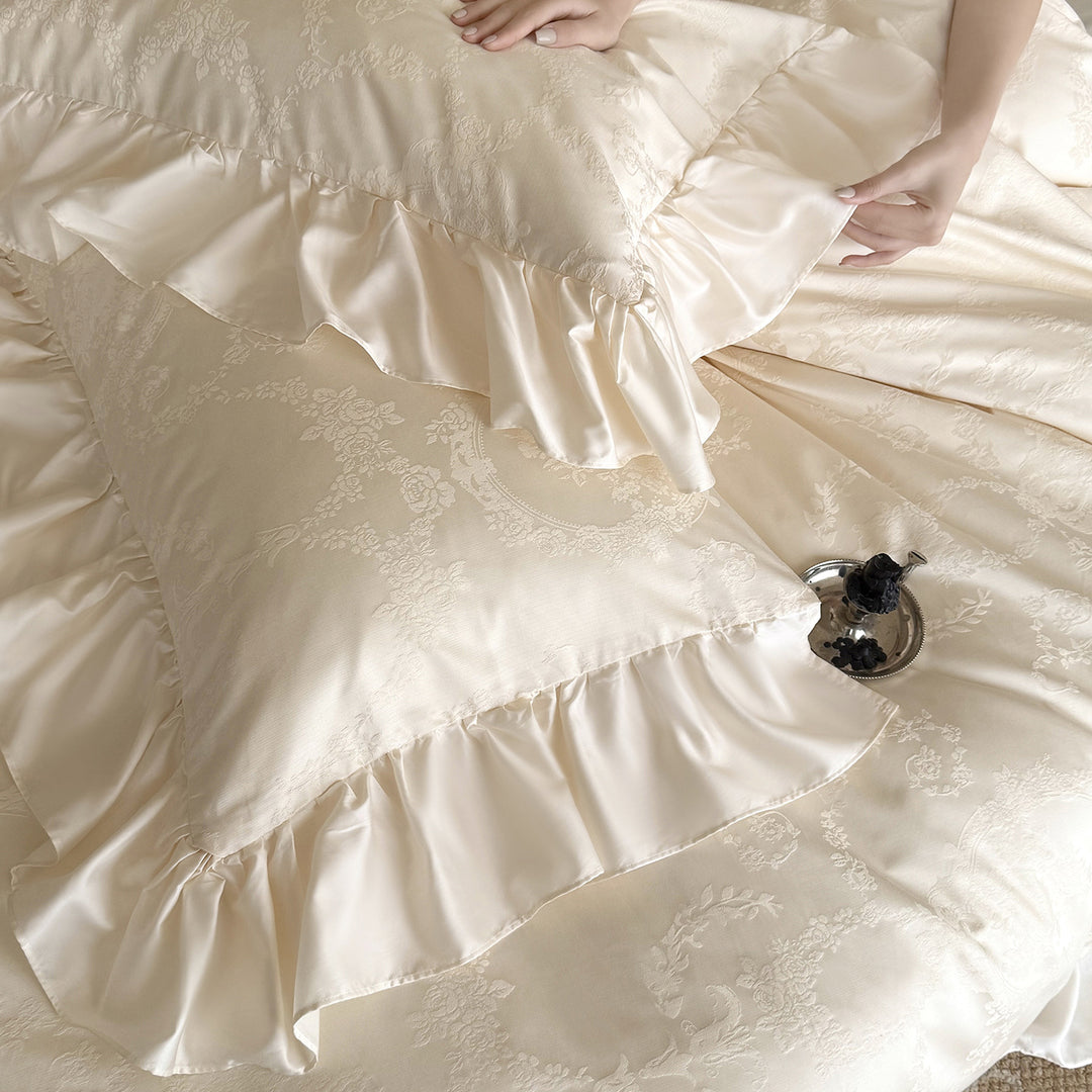 Embossed Damask Duvet Cover Set with Ruffle-Edge Shams and Reversible Sateen Lining