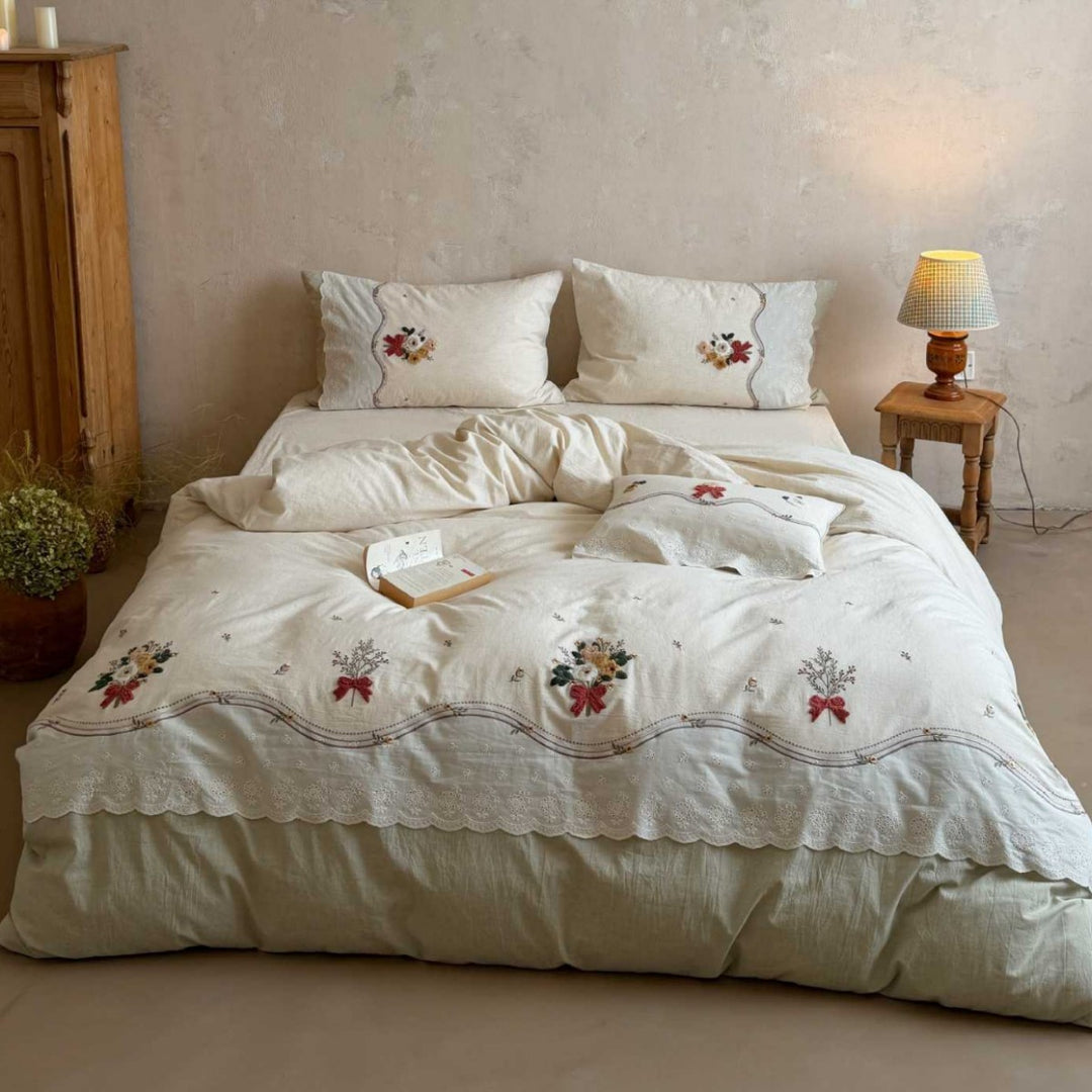 Vintage-inspired linen-cotton bedding set with flower garland embroidery