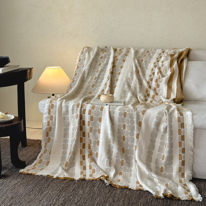 Lightweight Cotton-Linen Decorative Throw Blanket with Geometric Block Stripe and Fringed Edges