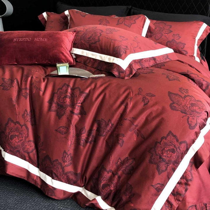 Luxury Floral Jacquard Cotton Duvet Cover Set with Contrasting Border and Matching Shams