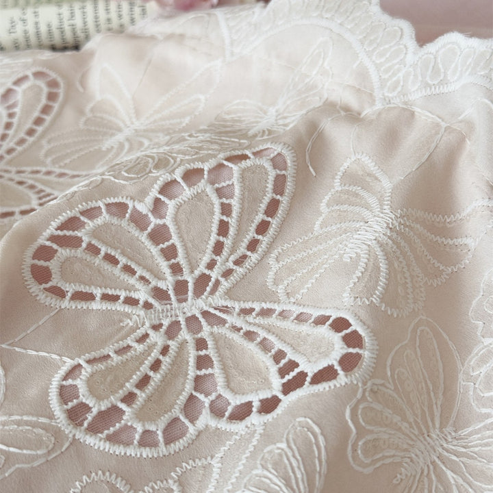 Vintage-Inspired Cutwork Butterfly Embroidered Ruffled Linen-Blend Duvet Cover Set
