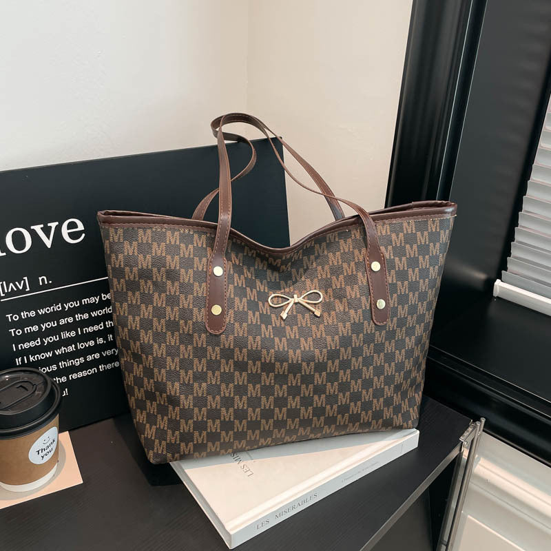 Stylish Flocked Pattern Tote Bag with Decorative Bow
