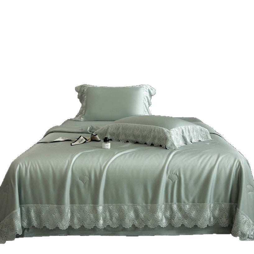 Luxurious satin bed linen set with French lace trim
