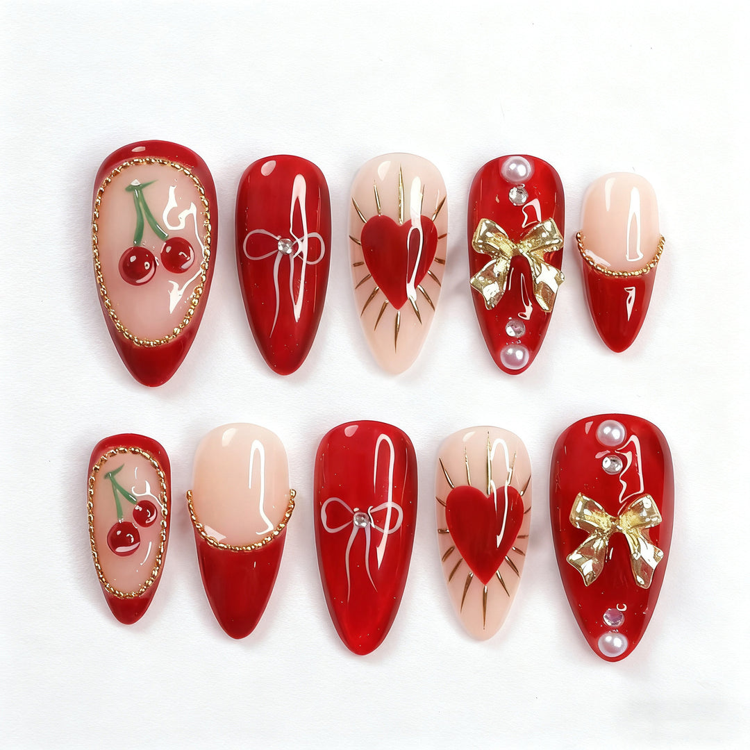 Decorative Heart and Cherry Press-On Nail Art Stornfield