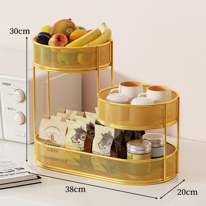 Staggered Three Tier Oval Mesh Countertop Organizer with Raised Circular Baskets