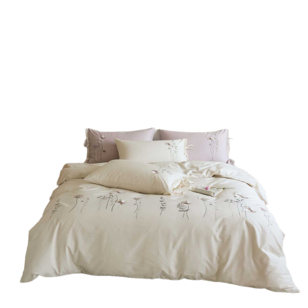 Floral Embroidered Cotton Duvet Cover Set with Tie-Sham Detailing