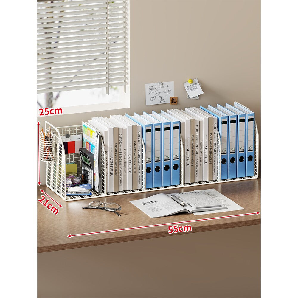 Long Multi-Slot Desktop File and Binder Organizer with Pen and Accessory Holder