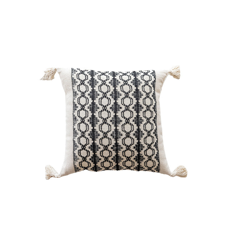Geometric Handwoven Cotton Throw Pillow with Tassel Corners and Textured Diamond Pattern