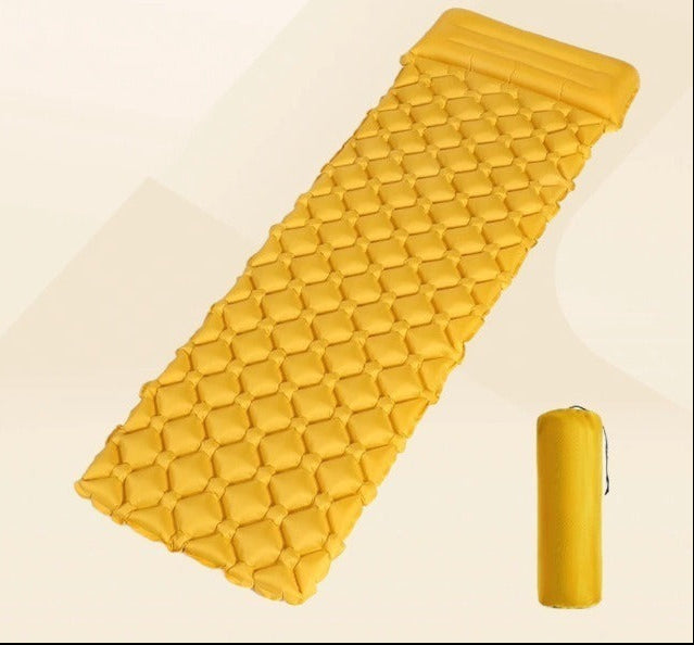 insulated inflatable camping sleeping pad with integrated headrest and quilted anti-slip surface Stornfield