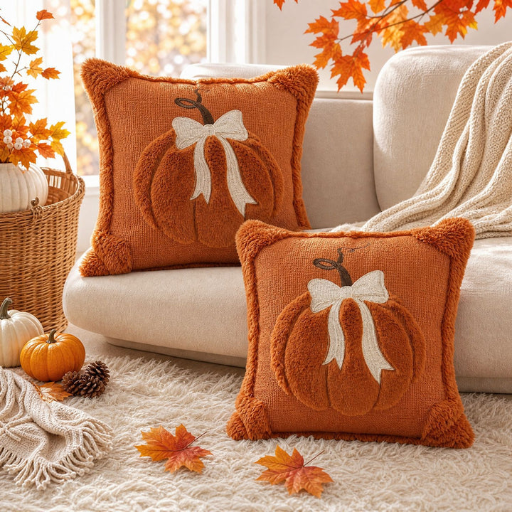 Autumn Plush Decorative Throw Pillow with Dimensional Pumpkin Applique