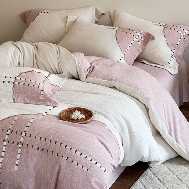 Linen-Blend Duvet Cover Set with Geometric Stitch Embroidery