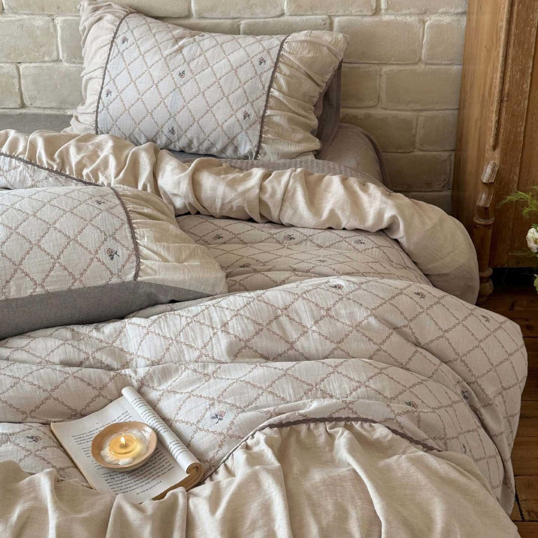 Quilted Cotton Duvet Cover Set with Decorative Pillow Shams and Ruffled Edge