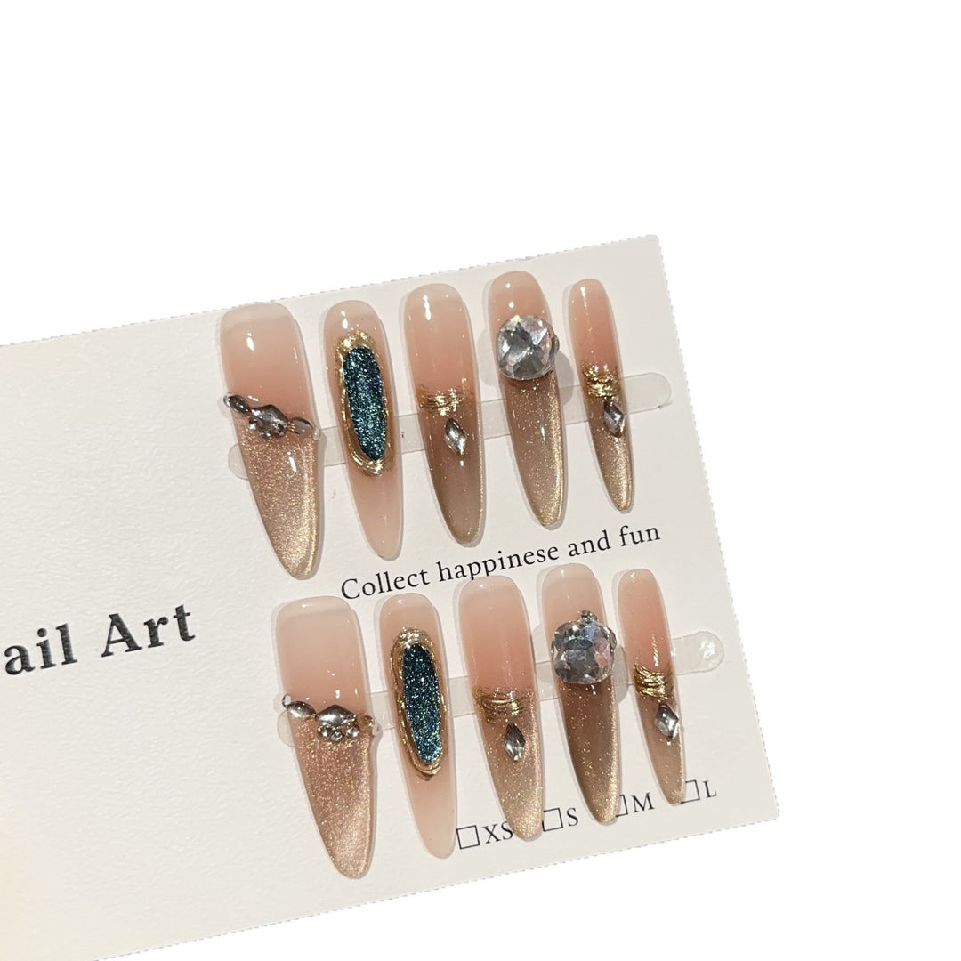 Decorative Press-On Nail Art Set with Gemstone Detailing