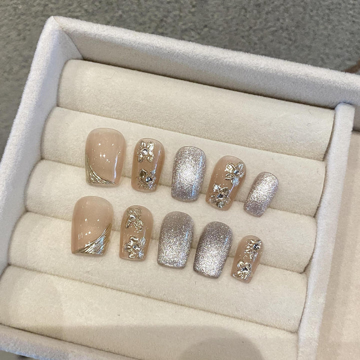 Decorative Press-On Nail Set with Floral and Glitter Accents