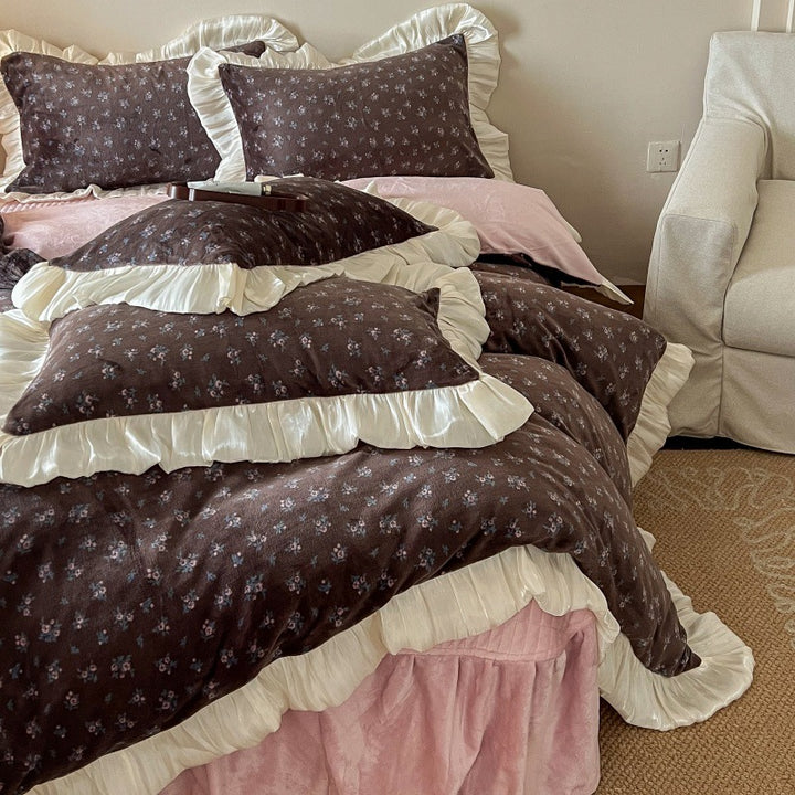 Floral Brushed Cotton Duvet Cover Set with Ruffled Satin Trim