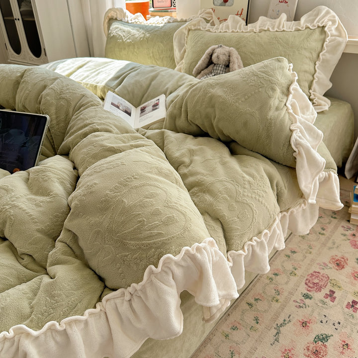 Plush Ruffled Embossed Velvet Comforter Set with Layered Frill Shams