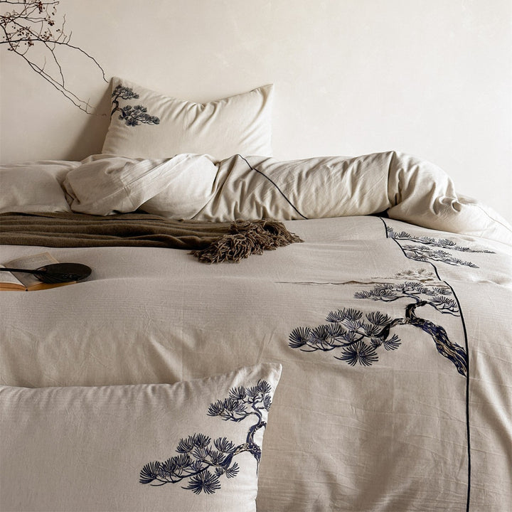 Embroidered Linen-Blend Duvet Cover Set with Botanical Pine Tree Motif