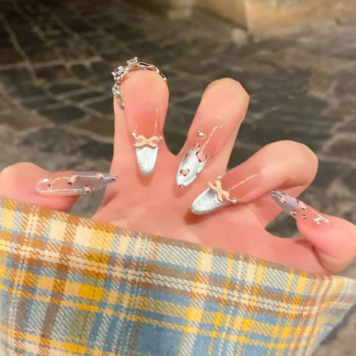 Artistic Long Stiletto Press-On Nails with Bow Design Stornfield