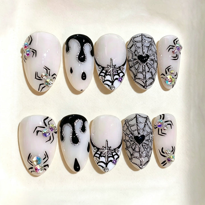 Halloween-Themed Press-On Nail Art Set with Spider Web and Ghost Design
