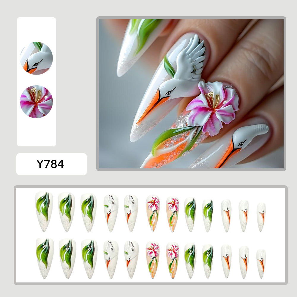 Artificial Nail Set with Floral Stork Design Stornfield