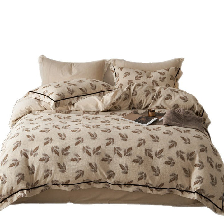 Washed Linen-Cotton Leaf Motif Duvet Cover Set with Piped Hem & Pillow Shams