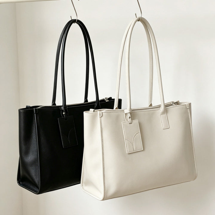 Smooth Vegan Leather Structured Top-Zip Tote with Double Rolled Handles and Luggage Tag