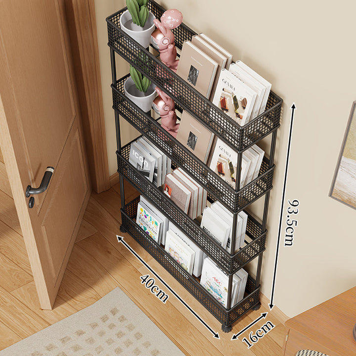 Slim Four-Tier Metal Mesh Narrow Bookshelf Organizer