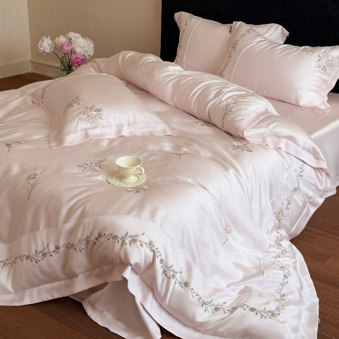 Silk-Feel Floral Embroidered Sateen Duvet Cover Ensemble with Decorative Flange and Lumbar Pillow