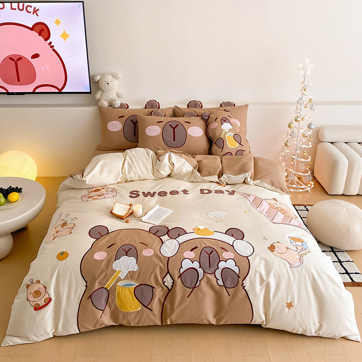 Cartoon Animal Reversible Microfiber Duvet Cover Set with Pillow Shams